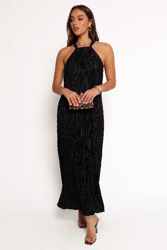 cocktail dresses with puffed sleeves for vintage flair --Melody Plisse Halter Maxi Dress - Black