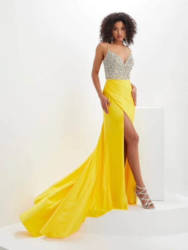 cocktail dresses with embroidered bodices for intricate detail --Beaded Bodice Spandex Sleeveless Slit Gown by Panoply 14131