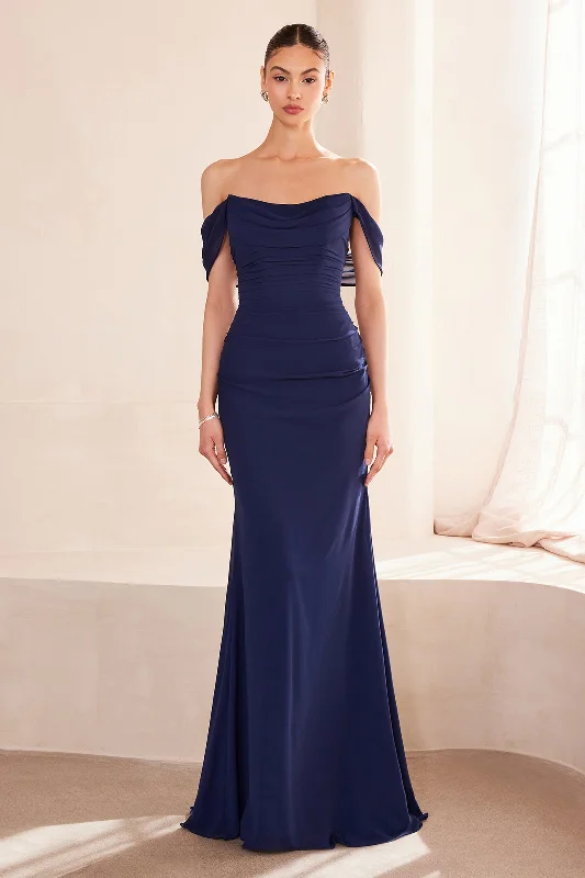 bridesmaid dresses with sequined bodices for sparkle --Chiffon Fitted Off Shoulder Gown by Amoris T705 - Outlet