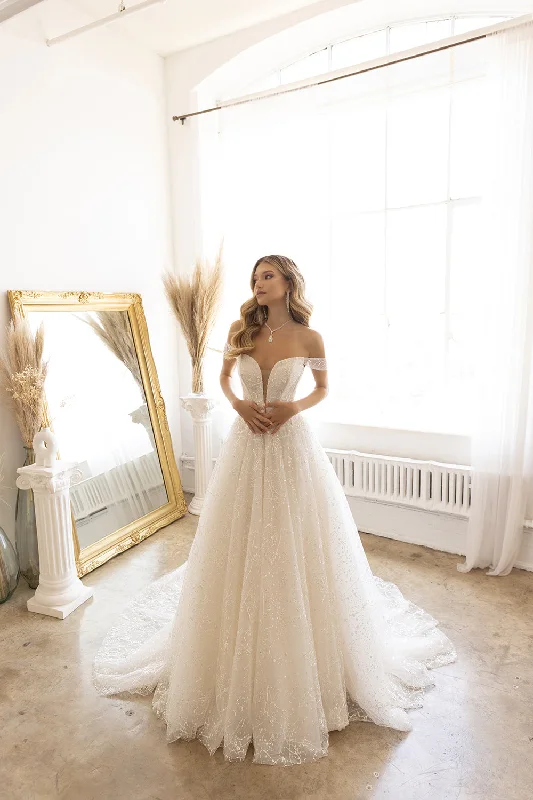 Wedding guest dresses for outdoor spring celebrations -Embellished Off Shoulder Bridal Gown by Abby Lane 97185
