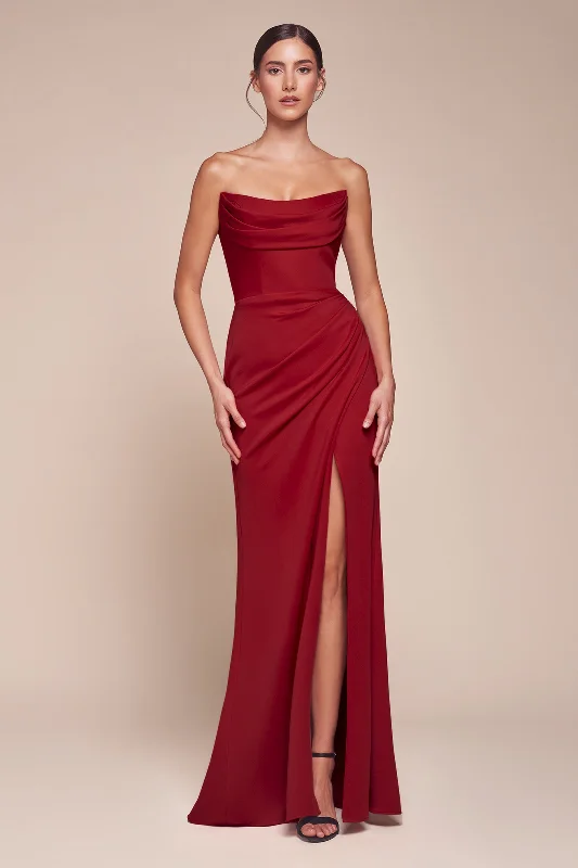 bridesmaid dresses with open backs and crisscross straps --Chiffon Strapless Slit Gown by Ladivine CD355 - Outlet