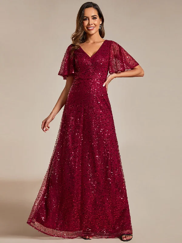 formal dresses with built-in cooling technology for hot climates --Shiny Sequin V Neck Evening Dress With Short Sleeves