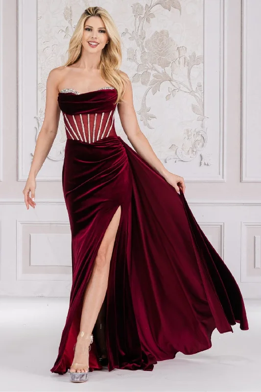 midi cocktail dresses with off shoulder design for evening events --Beaded Strapless Velvet Slit Gown by Amelia Couture 5051