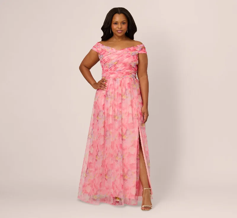 formal dresses for business galas with sleek designs --Plus Size Off Shoulder Watercolor Print Tulle Gown In Pink Multi