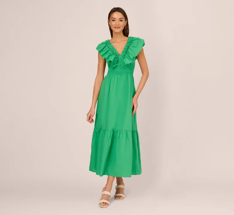 Spring dresses for casual outings with your friends -Ruffled Maxi Dress With Shirred Details In Green