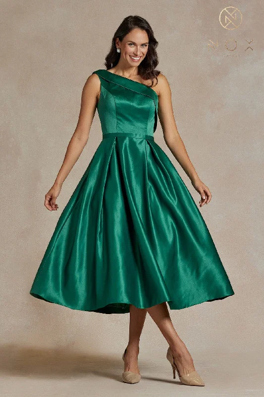 Graduation dresses with chiffon fabric for lightness -One Shoulder Tea Length Dress by Nox Anabel JE931