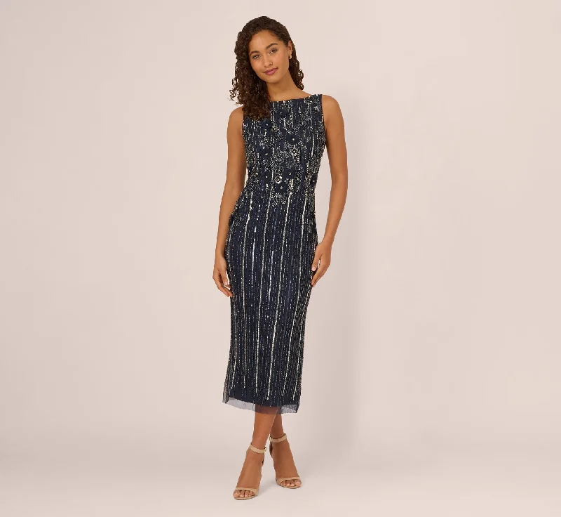Wedding guest dresses with minimalist patterns for understated elegance -Sleeveless 3D Beaded Ankle Length Dress In Navy Gunmetal