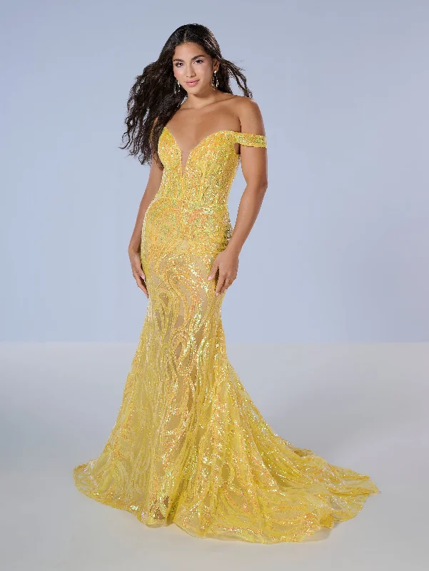 formal dresses for maternity photoshoots in soft fabrics --Sequin Off Shoulder Mermaid Dress by Tiffany Designs 16224