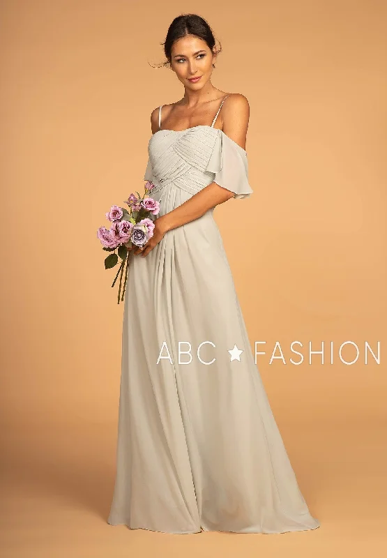 bridesmaid dresses with ruched waistbands for plus size --Pleated Long Cold Shoulder Chiffon Dress by Elizabeth K GL2615