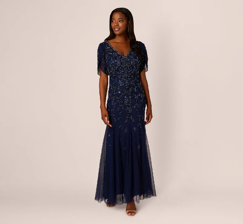 formal dresses for students attending award ceremonies --Beaded Mermaid Gown With Sheer Petal Sleeves In Light Navy