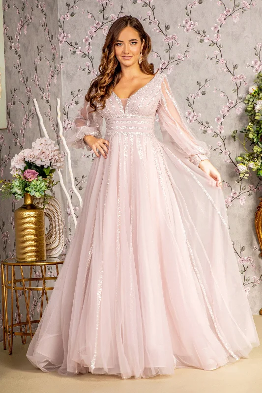 Wedding guest dresses in jewel tones for fall and winter weddings -Sequin Long Sleeve A-line Mesh Gown by GLS Gloria GL3495 - Outlet