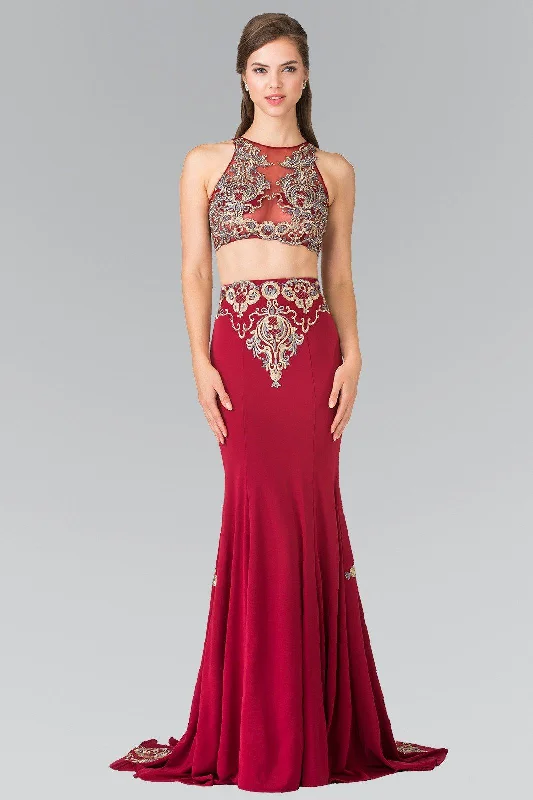 formal dresses with high necklines for modest fashion lovers --Long Two-Piece Embroidered Illusion Dress by Elizabeth K GL2296