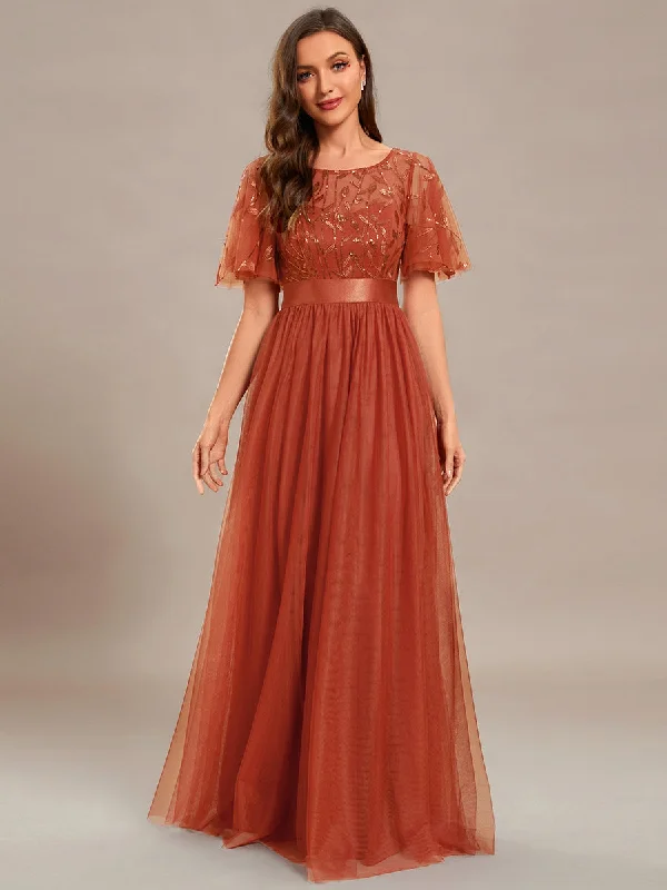 Formal cocktail dresses for wedding receptions -Sequin Print Maxi Long Wholesale Evening Dresses with Cap Sleeve