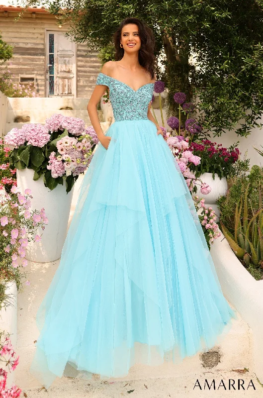 cocktail dresses with satin sashes for waist accentuation --Beaded Off Shoulder Tulle Ball Gown by Amarra 94038