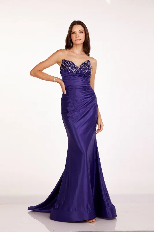 cocktail dresses with high-low skirts for trendy looks --Beaded Fitted Strapless Slit Gown by Abby Paris 90251