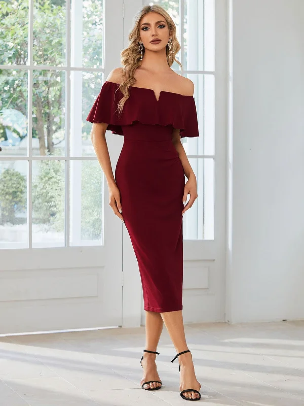 Timeless black party dresses for formal occasions -Off shoulder Lotus Sleeve Bodycon Mermaid Wholesale Wedding Guest Dresses