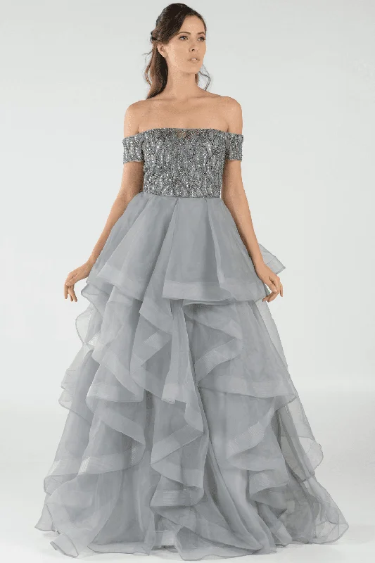 cocktail dresses with floral appliques for spring vibes --Long Off the Shoulder Dress with Tiered Skirt by Poly USA 8006