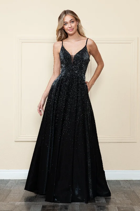 cocktail dresses with metallic thread for shimmer --Beaded Deep V-Neck Gown by Poly USA 8888