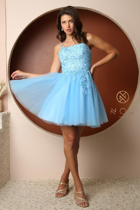 Formal party dresses with long sleeves -Embroidered Short Corset Back Dress by Nox Anabel T718