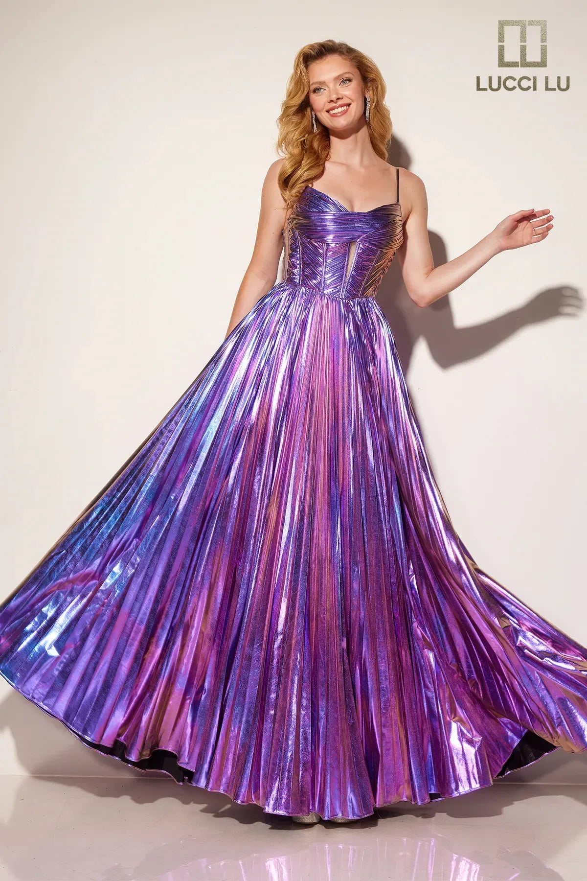 cocktail dresses with chiffon skirts for flowy movement --Metallic Sleeveless A-line Gown by Lucci Lu 1368