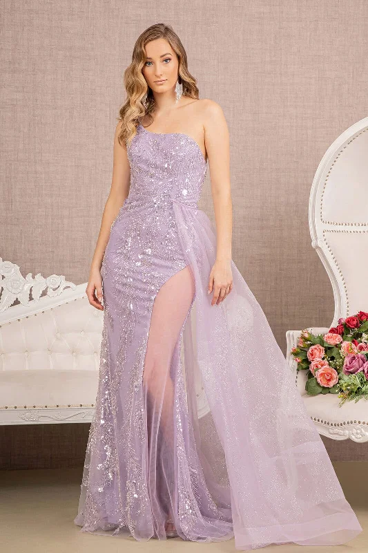 cocktail dresses with floral patterns for spring events --Beaded One Shoulder Sheer Slit Gown by GLS Gloria GL3116