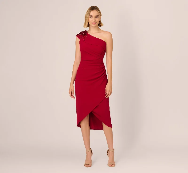 Perfect wedding guest dresses for beach weddings and celebrations -Beaded Crepe One Shoulder Wrap Dress In Cranberry