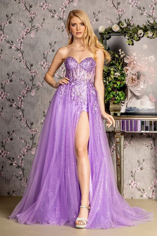 cocktail dresses with satin fabric for smooth texture --Sequin Applique Strapless A-line Slit Gown by GLS Gloria GL3209