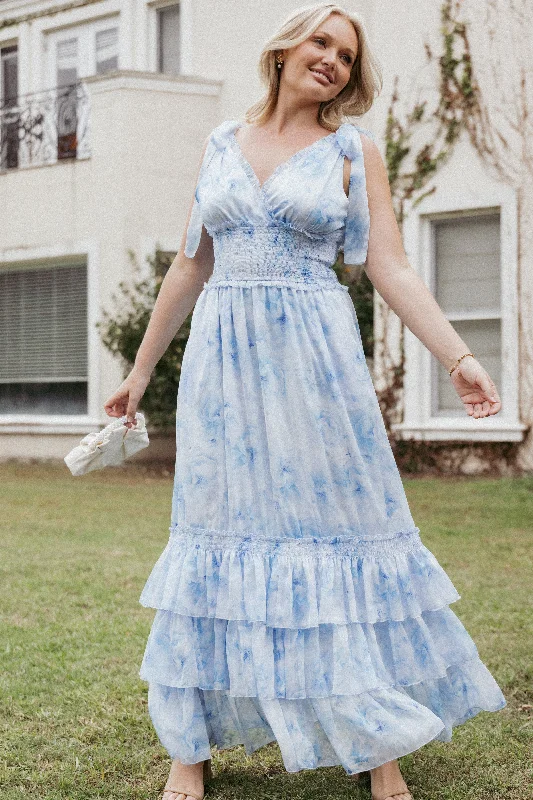 Elegant wedding guest dresses with satin fabric for a polished finish -Fionna Maxi Dress - Blue Floral