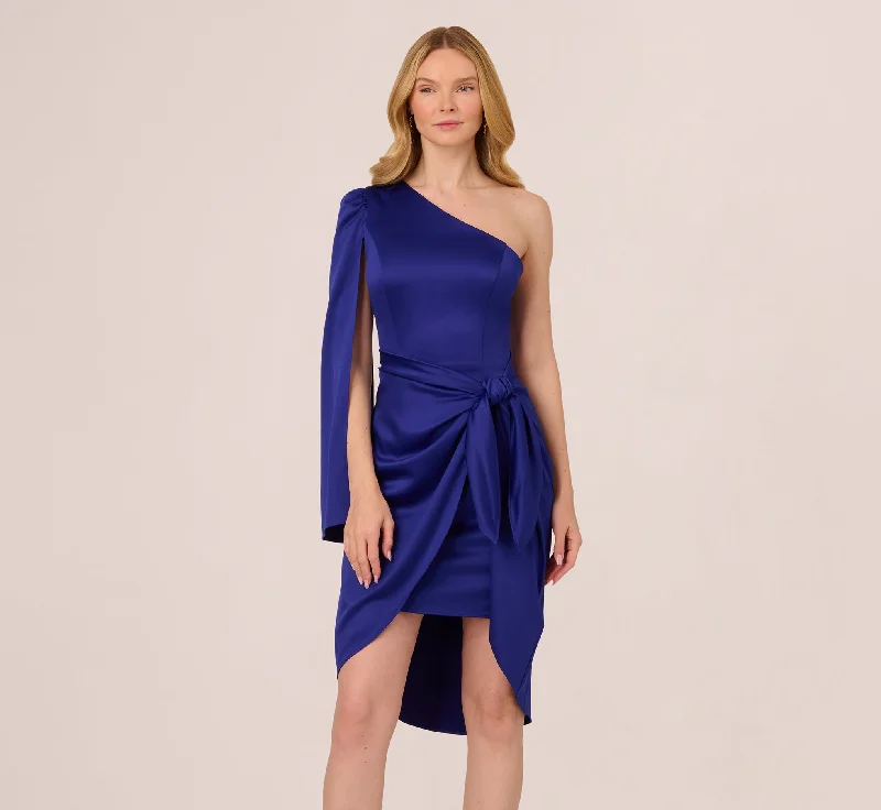 Wedding guest dresses for vintage-inspired ceremonies -One Shoulder Satin Knot Draped Midi Dress In Dark Blue Violet