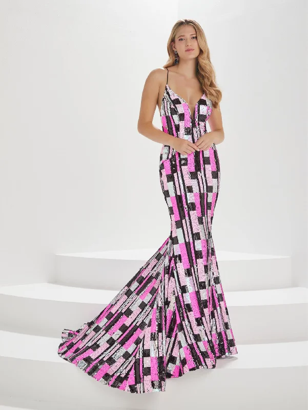 cocktail dresses with open backs for summer parties --Geometric Sequin Print Mermaid Dress by Tiffany Designs 16001