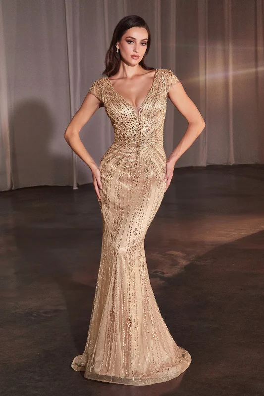 Stylish and affordable wedding guest dresses for every budget -Beaded Fitted Short Sleeve Gown by Ladivine CZ0029