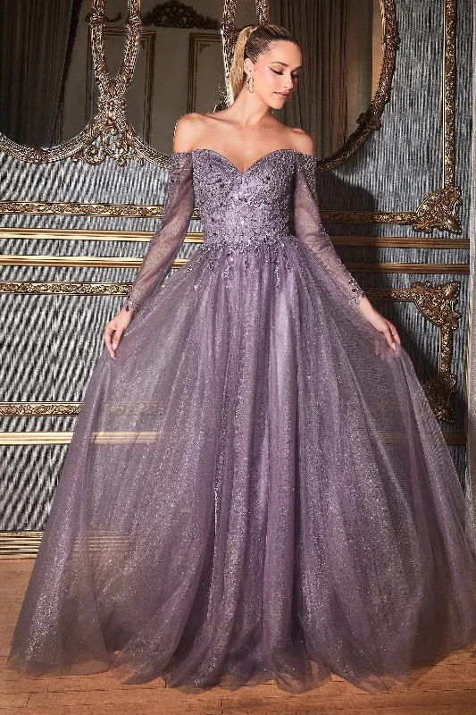 Wedding guest dresses for chilly evening weddings -Long Off Shoulder Tulle Dress by Cinderella Divine CD0172