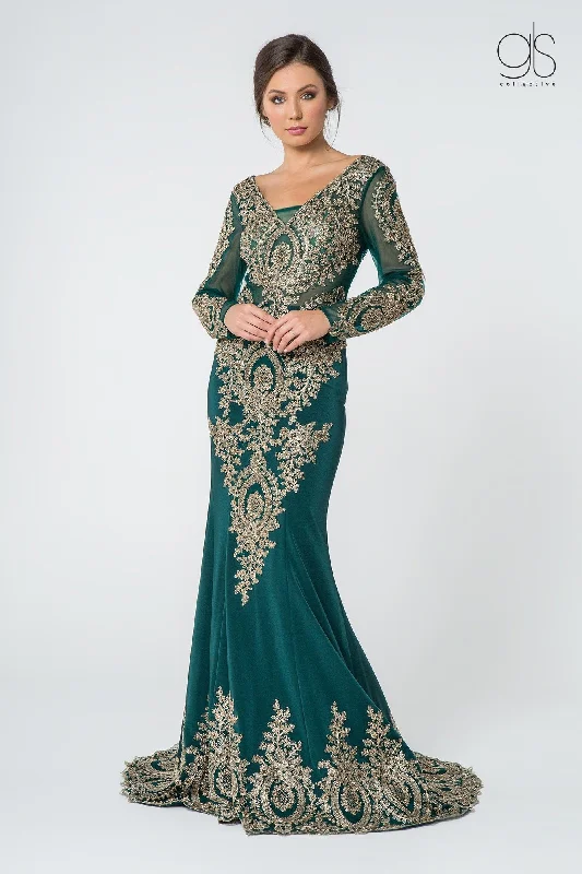 Best wedding guest dresses for a summer garden reception -Embellished Long-Sleeve Mermaid Gown by Elizabeth K GL1597