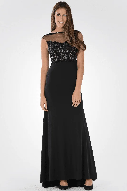 formal dresses for destination weddings with breathable fabrics --Long Dress with Illusion Lace Applique by Poly USA 7600