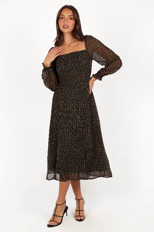 Spring dresses for travel with wrinkle-free fabrics -Ettie Long Sleeve Midi Dress - Pine/Tan