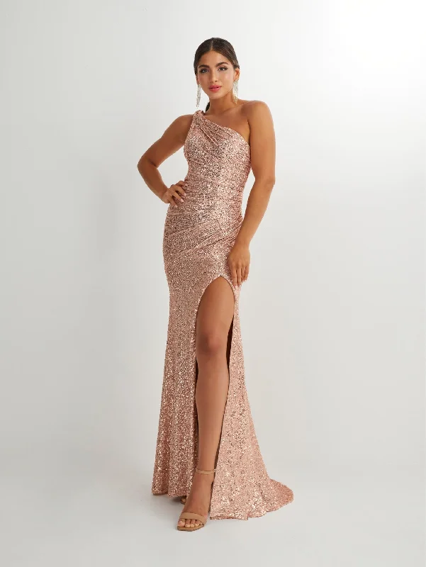 Wedding guest dresses in vibrant hues for lively wedding receptions -Fitted Sequin One Shoulder Slit Gown by Studio 17 12906