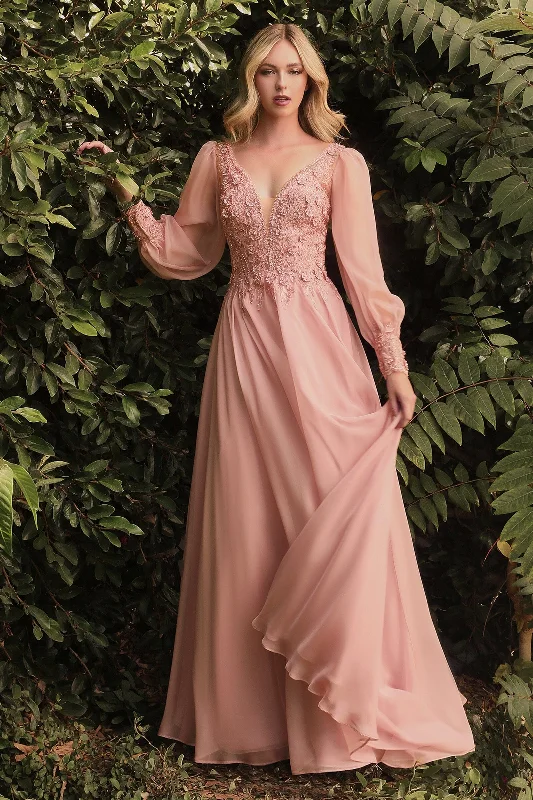 Wedding guest dresses with open-back designs for a bold look -Long Sleeve Chiffon Gown by Cinderella Divine CD0183 - Outlet