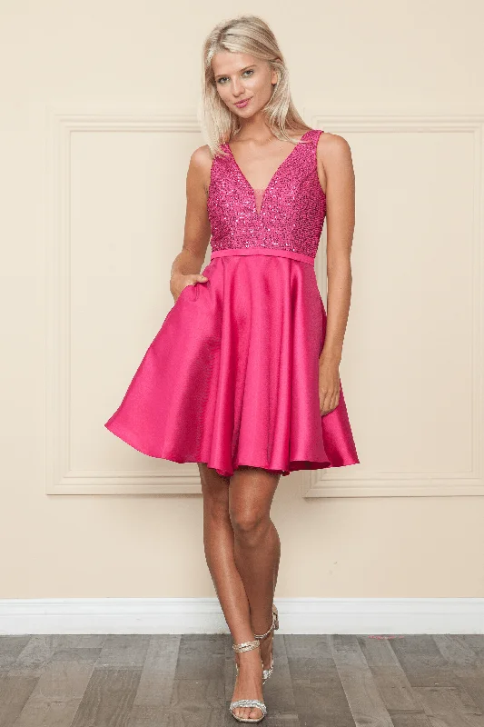 Vintage-inspired graduation dresses for a classic style -Short Sequin Bodice A-line Dress by Poly USA 8954