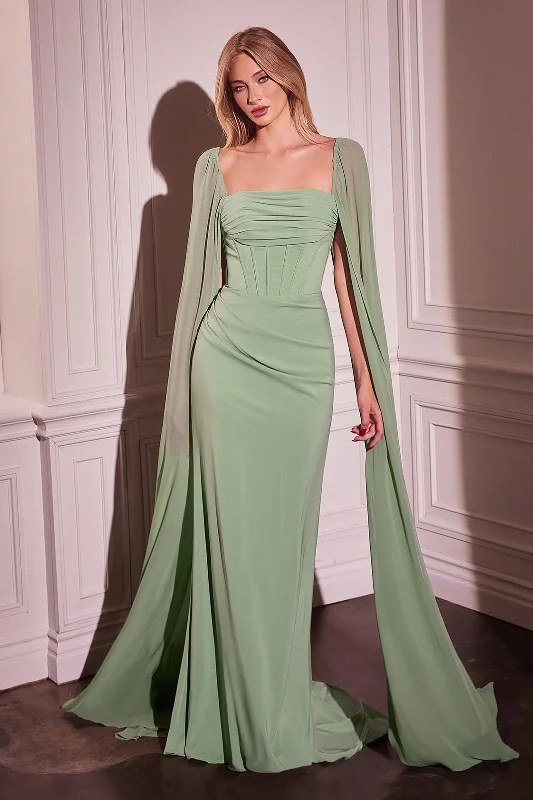 Wedding guest dresses with sleeves for extra coverage -Chiffon Fitted Cape Sleeve Gown by Ladivine CD356