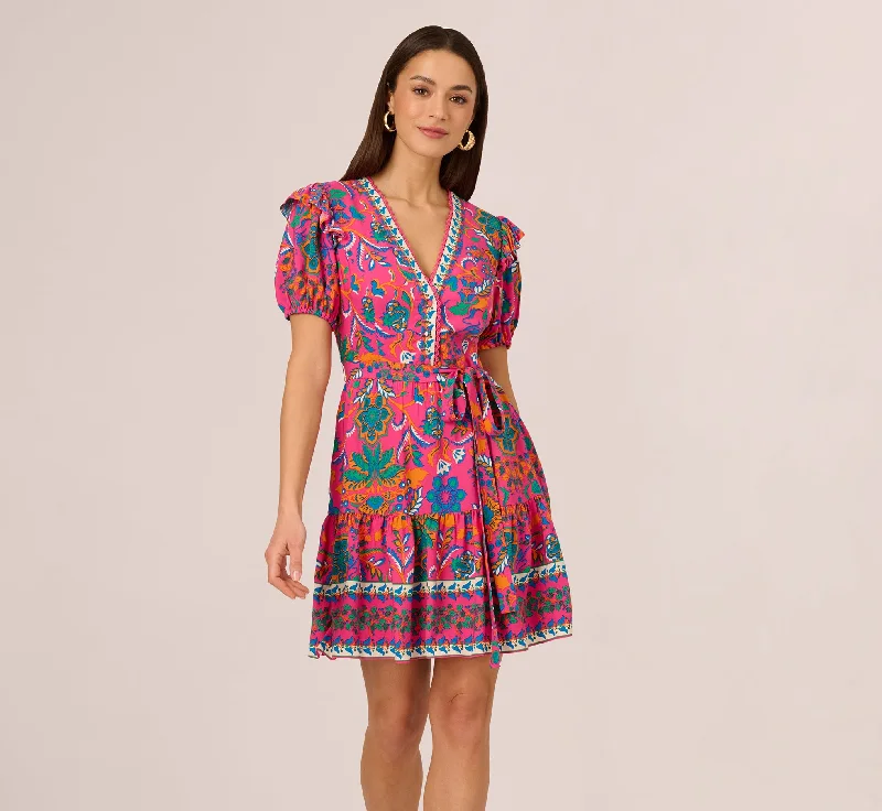 Colorful spring dresses for a fun, vibrant wardrobe -Puff Sleeve Retro Printed Short Dress In Hot Pink Multi
