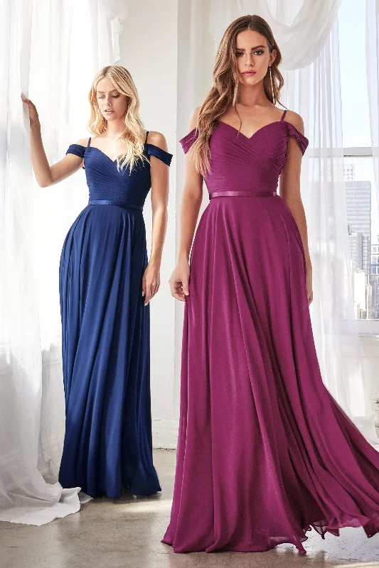 bridesmaid dresses for winter weddings with faux fur accents --Long Cold Shoulder Chiffon Dress by Cinderella Divine CD0156