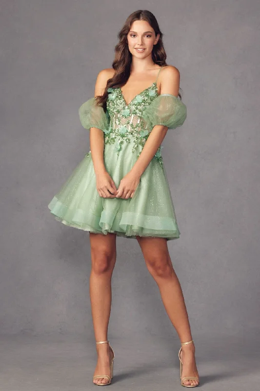 Short graduation dresses for a playful, fun vibe -3D Butterfly Short Puff Sleeve V-Neck Dress by Juliet 901