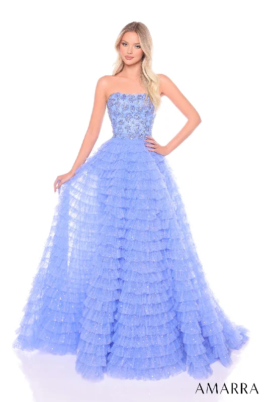 formal dresses in sustainable fabrics like organic cotton --Beaded Strapless A-line Tiered Gown by Amarra 88129