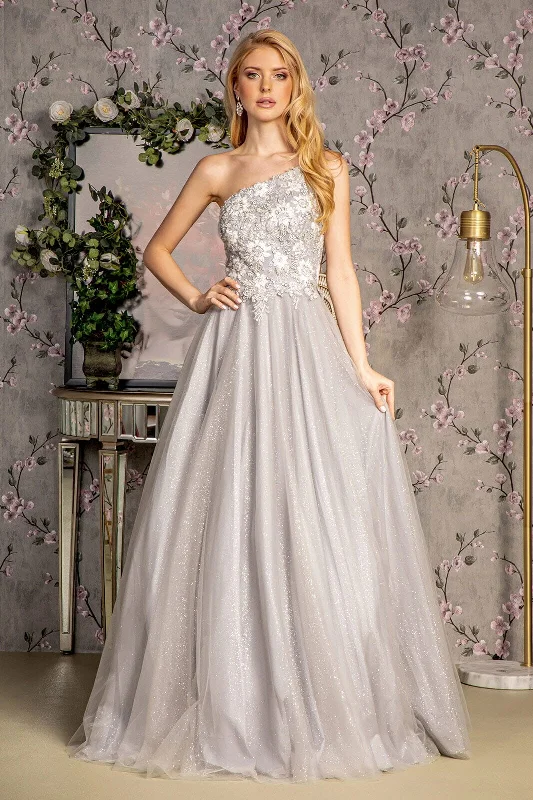 cocktail dresses with tiered skirts for playful movement --Embroidered One Shoulder A-line Gown by GLS Gloria GL3384