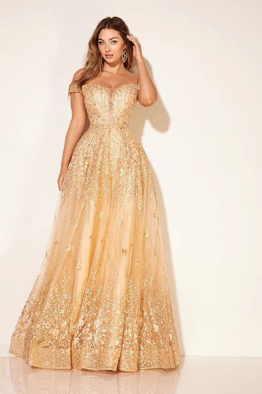 plus size cocktail dresses with empire waist for flattering shape --Embroidered Off Shoulder A-line Gown by Lucci Lu C8090