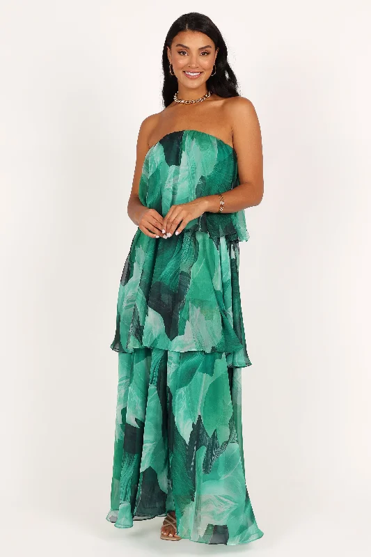 formal dresses for office parties with knee-length cuts --Bloom Strapless Maxi Dress - Green Floral