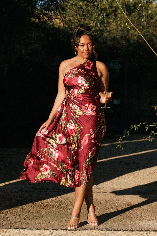 formal dresses for winter weddings with velvet and long sleeves --Kleo One Shoulder Maxi Dress - Burgundy Floral