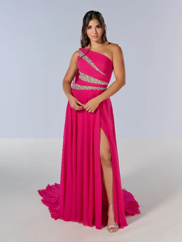 vintage style formal dresses with floral prints --Chiffon One Shoulder A-line Gown by Tiffany Designs 16217