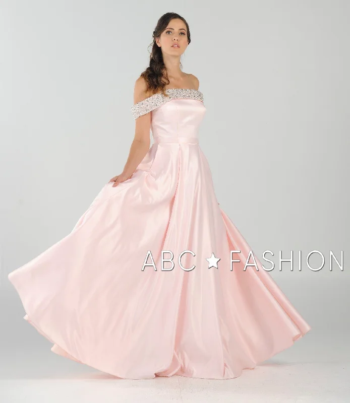 bridesmaid dresses with high necklines for modest fashion --Long Beaded Off the Shoulder Dress with Pockets by Poly USA 8242