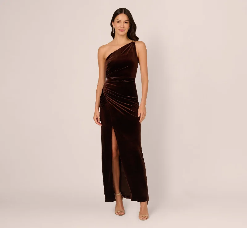 formal dresses for prom with corset tops and tulle skirts --One Shoulder Draped Velvet Gown With Chain Accent In Dark Brown